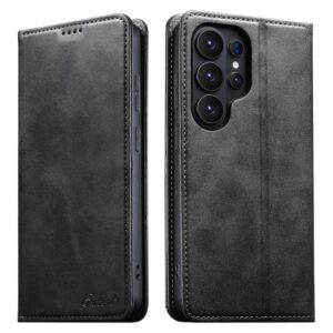 Capa de celular Suteni em couro com textura de bezerro e abertura horizontal (preta) para Samsung Galaxy S26 Ultra 5G