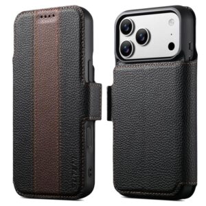 Selas Loja Online de Produtos Diversos 159 Capa Suteni Q08 2 em 1 Multifuncional com Carteira Magnética e Estampa de Lichia em Couro Vegano para iPhone 17 Pro Max (Marrom)