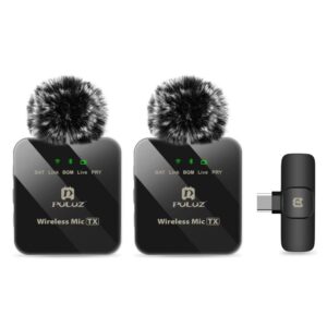 Microfone de Lapela Sem Fio PULUZ para Telefone USB Tipo-C com Receptor Tipo-C e Microfones Duplos (Preto)